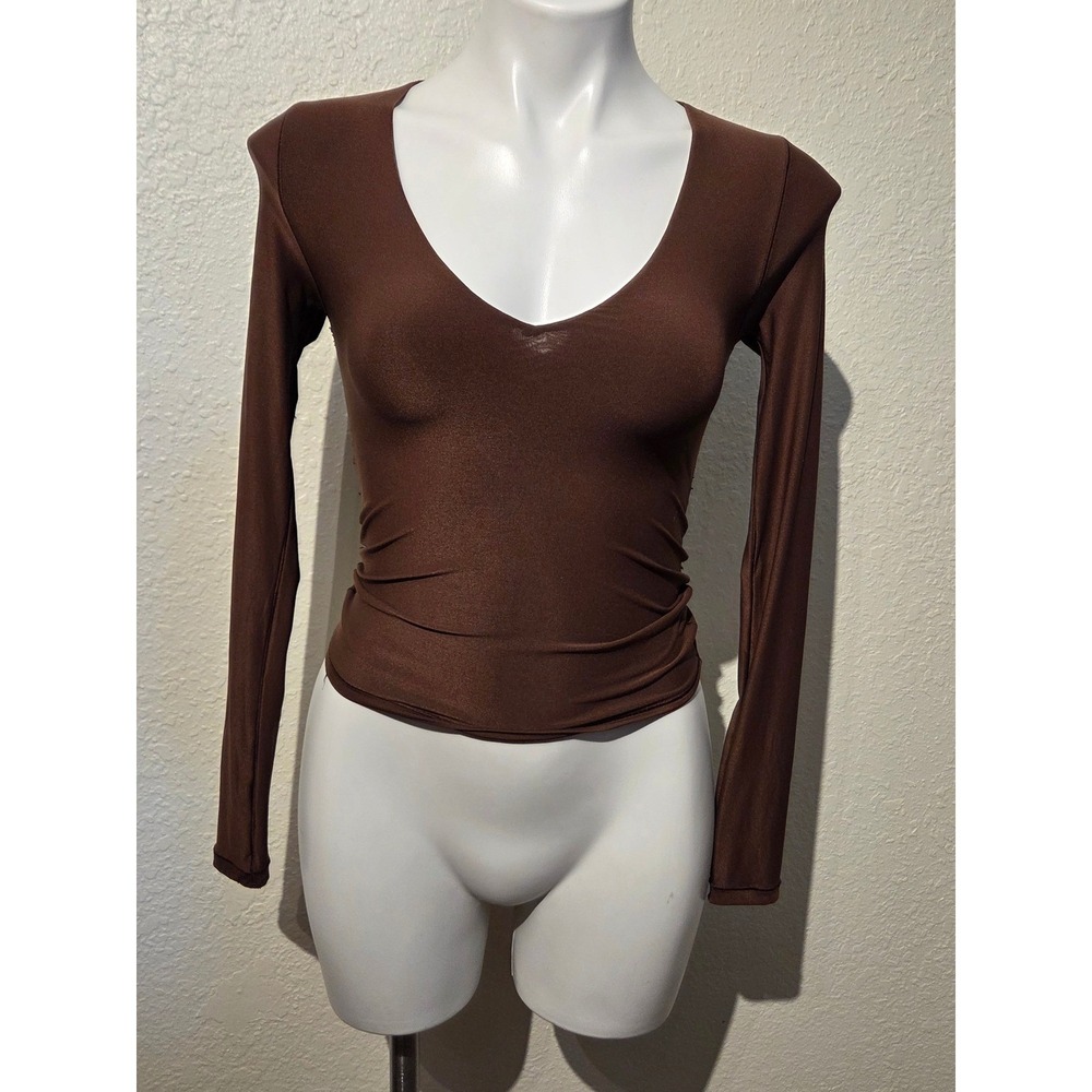 Aerie Smoothez Long Sleeve V-Neck Top Brown XS Ruched Second Skin Base Layer